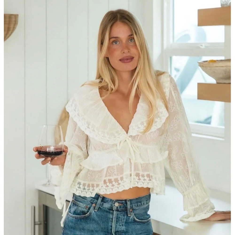 Lace Ruffle Long Sleeve Blouse Tie Front Cottagecore Fairycore L Ivory